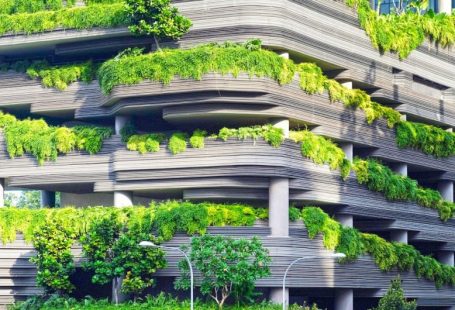 Green Building - gray concrete building covered trees