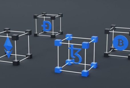 1031 Exchange - a set of three blue and white cubes with a bitcoin symbol