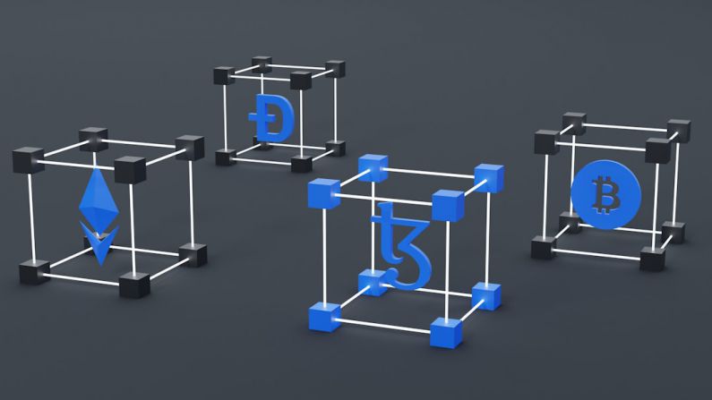 1031 Exchange - a set of three blue and white cubes with a bitcoin symbol
